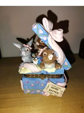 Easter Bunny Music Box Figurine - Pastel Blue and Pink